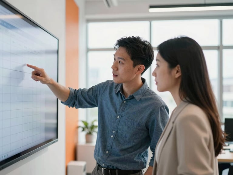 Two professionals having a focused discussion in a modern, clean office environment, one pointing to a project timeline on a screen, bright natural light, subtle orange accents, shallow depth of field, 35mm