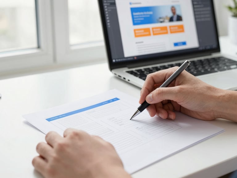 Hands sketching a website wireframe on paper with a pen, a digital design software interface visible on a screen in the background, clean modern desk, natural window light, crisp blue accents, shallow depth of field, 35mm