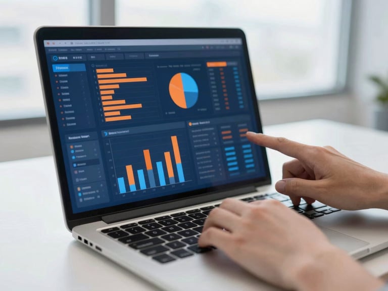 Close-up of hands analyzing digital analytics dashboard on a laptop, vibrant blue and orange charts, crisp studio lighting.