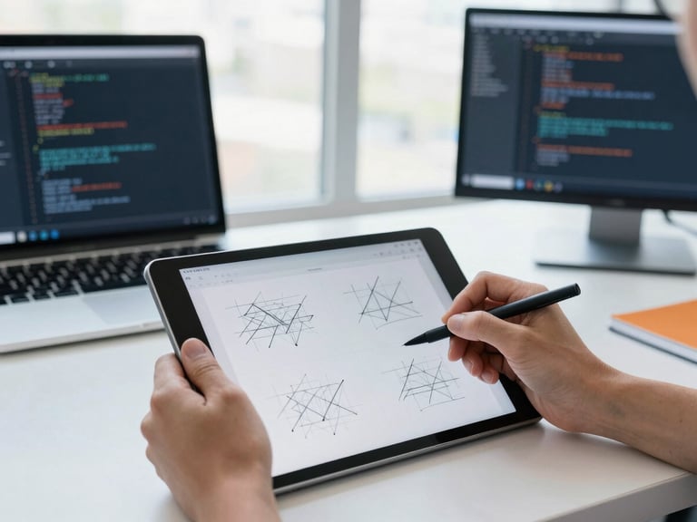 Hands sketching wireframes on a tablet, adjacent to code on a monitor, clean modern workspace, bright natural light.