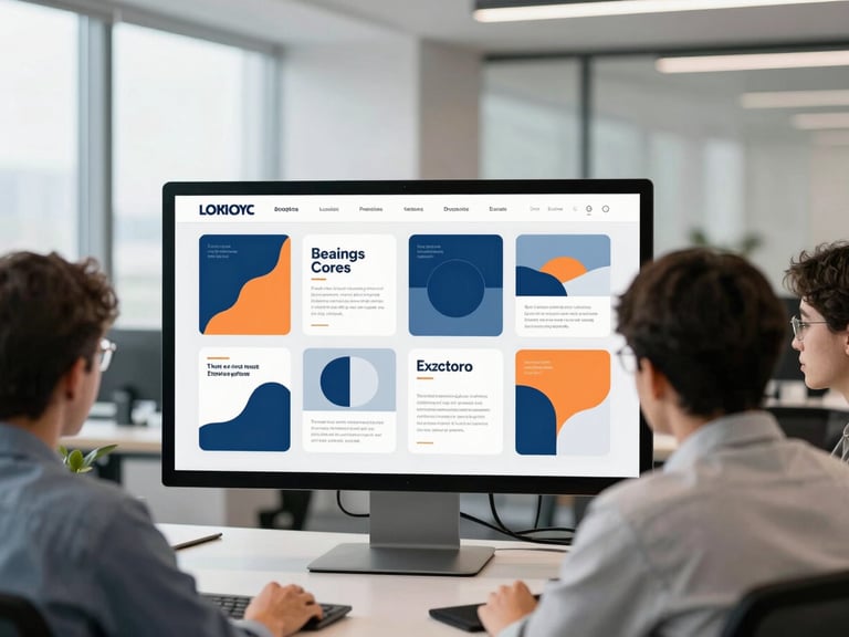 Team collaborating around a large monitor displaying brand mood boards and design mockups, modern office, crisp lighting.