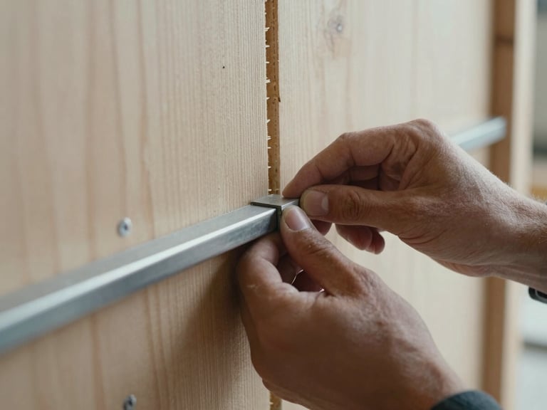 Close macro study of a craftsperson's hands pressing a metal trim piece flush against a timber-clad wall panel, cool north daylight revealing the grain and seam detail, shallow depth with construction background softly out of focus