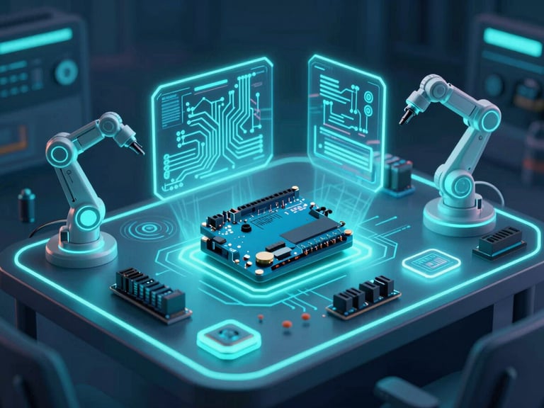 A futuristic 3D digital illustration of an electronics workbench with glowing teal and deep blue neon lighting, featuring an Arduino board, holographic circuit diagrams, and robotic arm schematics, cinematic