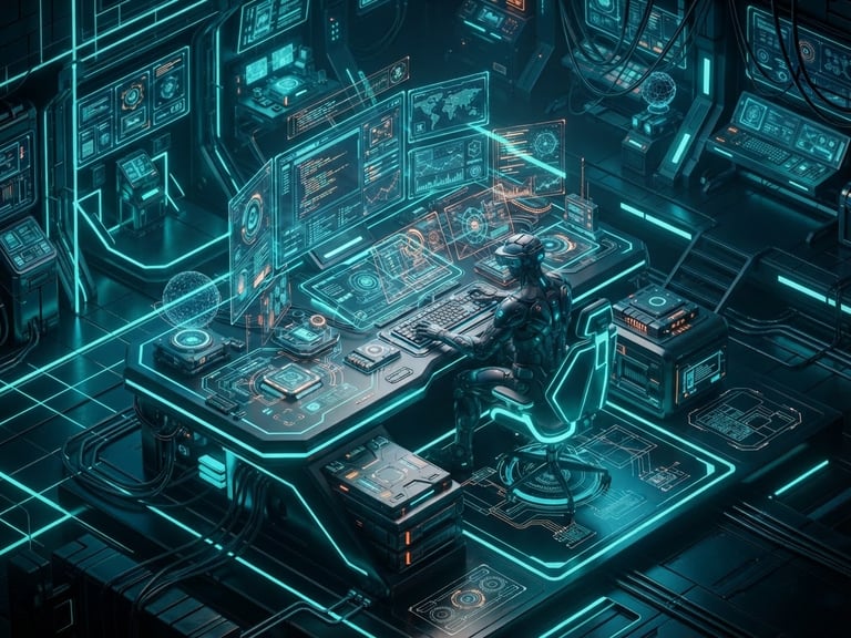 Isometric technical schematic of a futuristic digital workspace, glowing teal and deep blue neon lighting, clean UI mockups of code execution, 3D digital illustration