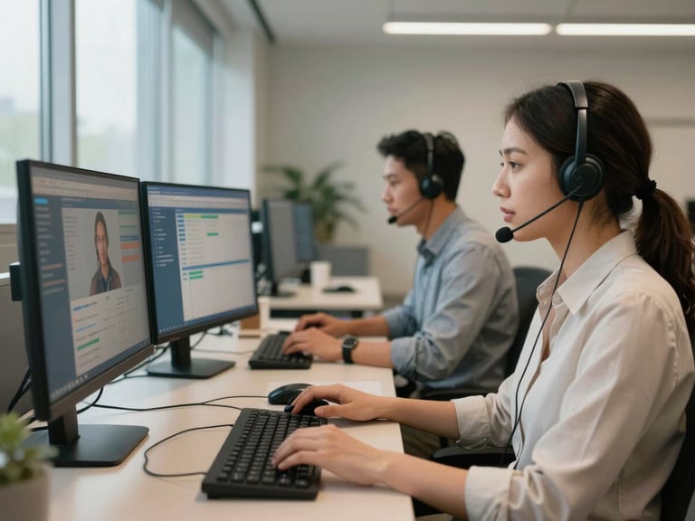 Medium environmental shot of two diverse call center agents at adjacent workstations, both wearing headsets, eyes on dual monitors showing call management dashboards, office daylight from windows to the left, soft fluorescent fill, quiet concentration, one agent mid-sentence