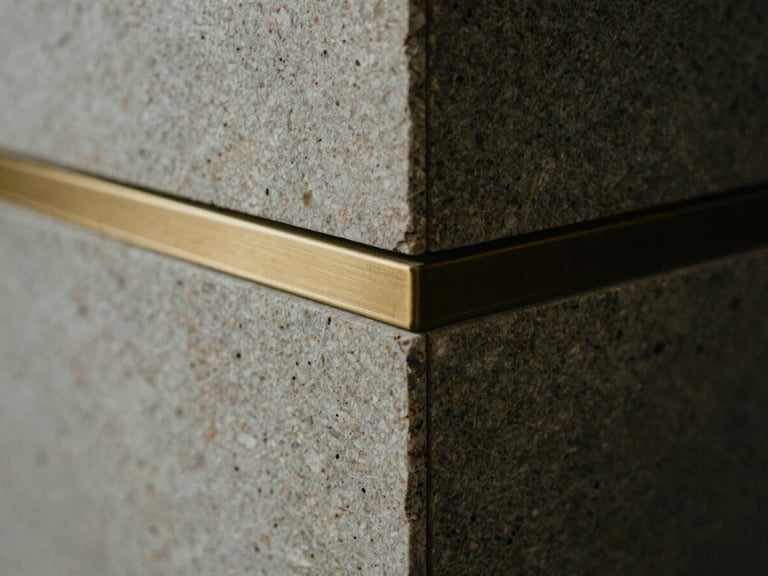 Close-up of premium raw materials, textured stone and brushed brass meeting at a precise seam, soft diffused side light, moody high contrast, 35mm film.