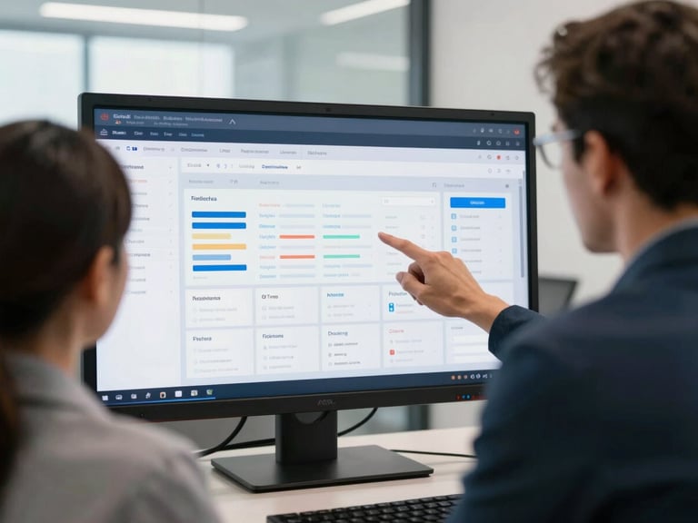 Over-the-shoulder view of two enterprise technology leaders analyzing a clean, high-fidelity project dashboard on a large screen in a bright, modern Tallahassee office.