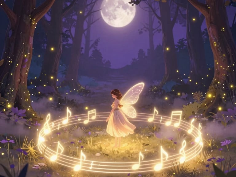 A whimsical watercolor illustration of a friendly forest owl perched on a branch under a glowing crescent moon, soft lavender and gold tones.