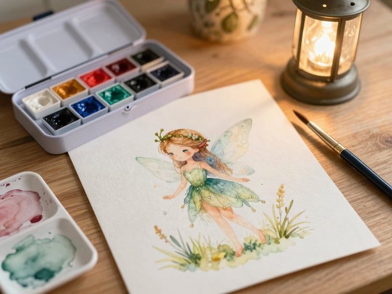 Watercolor paint palettes, brushes, and soft sketches of a fairy character on a wooden desk, warm glowing lantern light