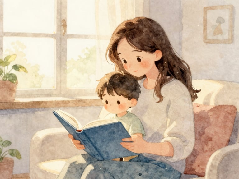A mother and young child reading a physical book together in a sunlit room, soft morning light, cozy watercolor style