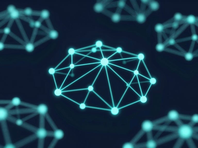Abstract 3D render of digital network nodes, dark navy background, glowing teal highlights, clean tech aesthetic, macro depth of field