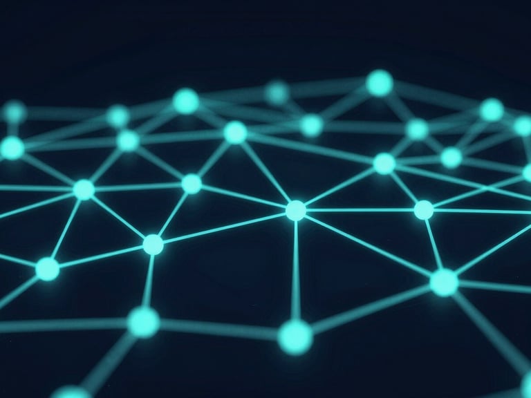 Abstract 3D render of glowing teal network nodes connected by fine lines, dark navy background, macro depth of field, high-contrast terminal aesthetic