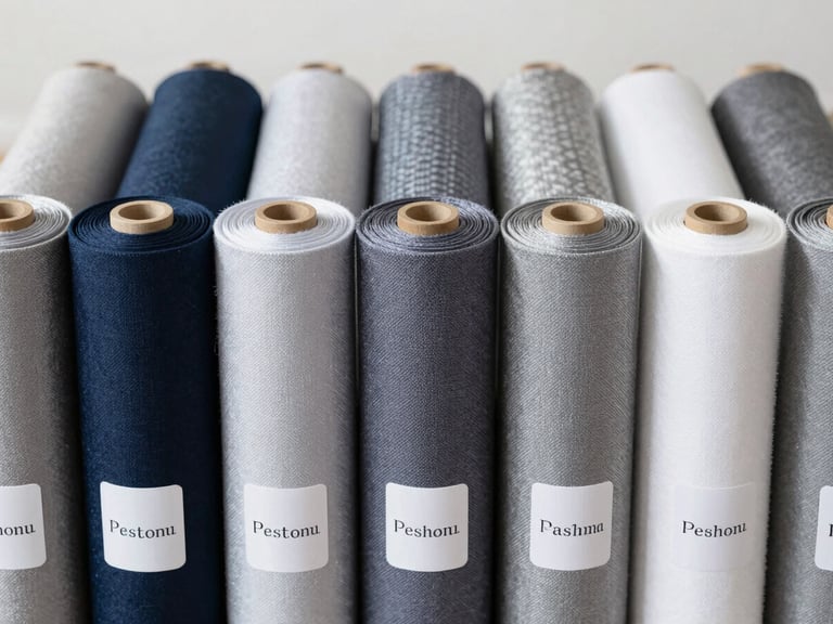 Neatly organized rolls of various premium textiles in a clean, brightly lit warehouse, labels visible, straight-on view, focus on texture.