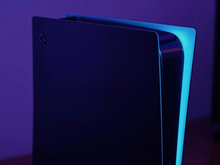 Sleek matte-black PlayStation console with sharp neon cyan LED strip glowing in a dark room, close-up geometric angle.