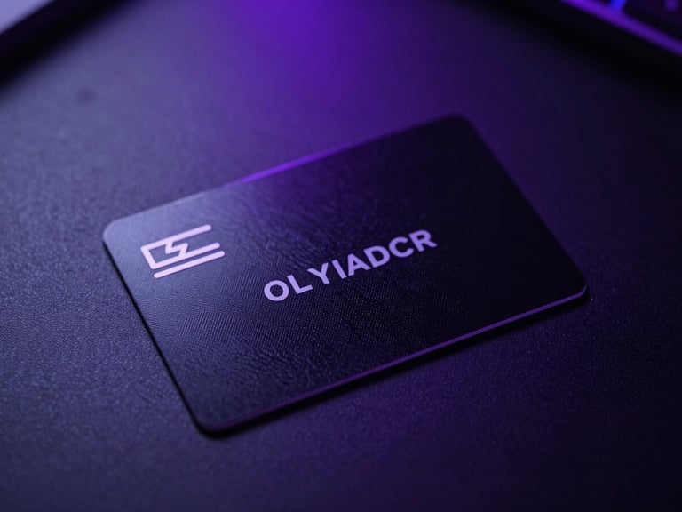 Close up of a premium glass-textured loyalty card resting on a matte black metal surface, glowing neon purple ambient light.