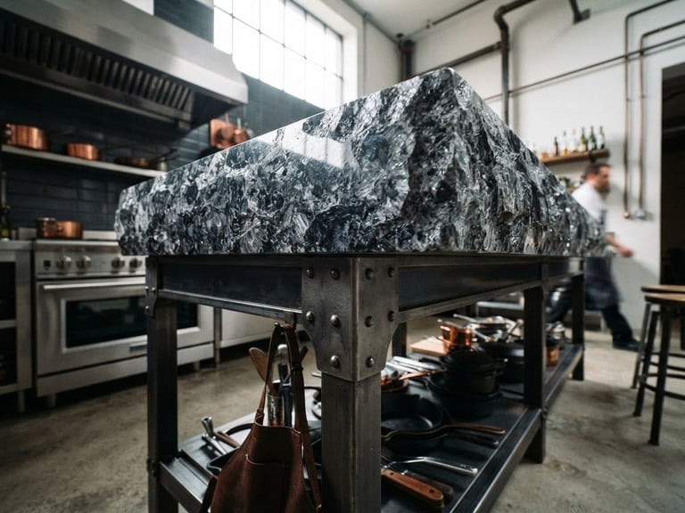 Low-angle heroic shot of a thick, polished granite slab edge installed in a modern kitchen, industrial workshop lighting, deep navy and silver tones.