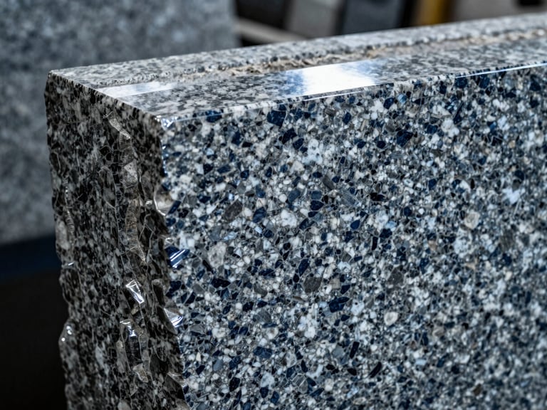 Close-up of a thick granite slab edge, polished to a gleam, under industrial workshop lighting, sharp focus on the stone's texture, deep navy and silver tones.