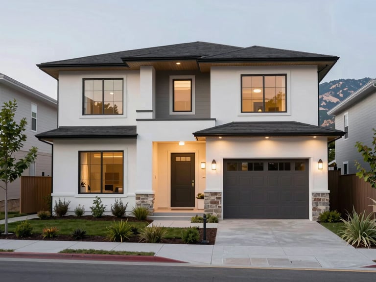 Beautiful modern Denver home exterior, clean architectural lines, manicured landscaping, soft dusk lighting