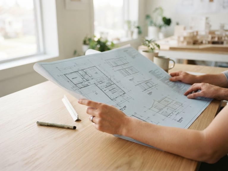 Hands holding architectural blueprints on a light wooden table, soft morning window light, pale blue and warm white tones, clean minimalist composition, 35mm lens