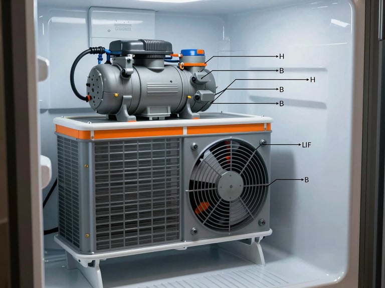 Annotated technical diagram of a household refrigerator cooling loop, showing the compressor, condenser coils, and evaporator fan, clean slate-gray lines with safety-orange highlights.