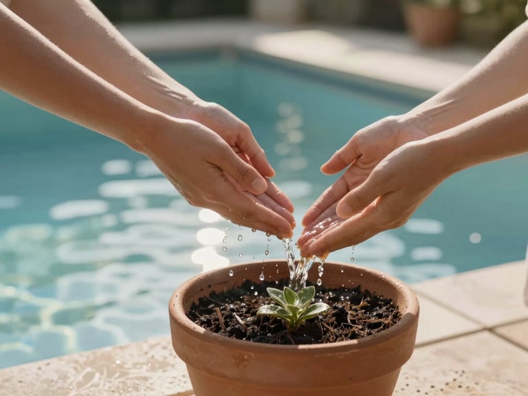 Hands watering a potted plant on a patio, sunlight streaming, pristine pool water ripples in the background, soft morning light, rich muted earth tones, shallow depth of field, 35mm.