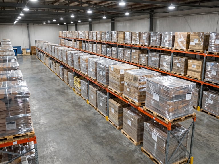 Overhead view of a large organized warehouse interior, rows of labeled pallets wrapped in stretch film on metal shelving, wide concrete floor lanes visible, bright industrial ceiling lights, no workers, clean and systematic