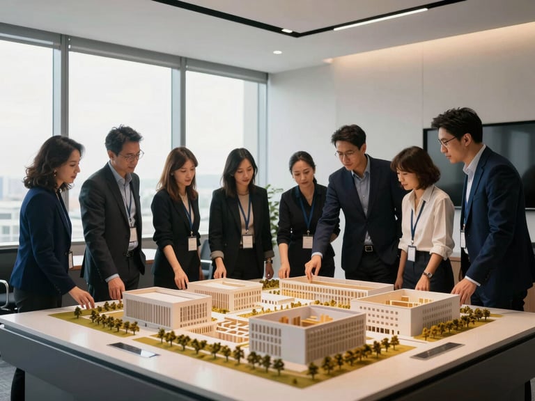 Wide environmental shot of a modern corporate meeting room in Istanbul, team collaborating around a physical architectural model, natural light, deep navy tones
