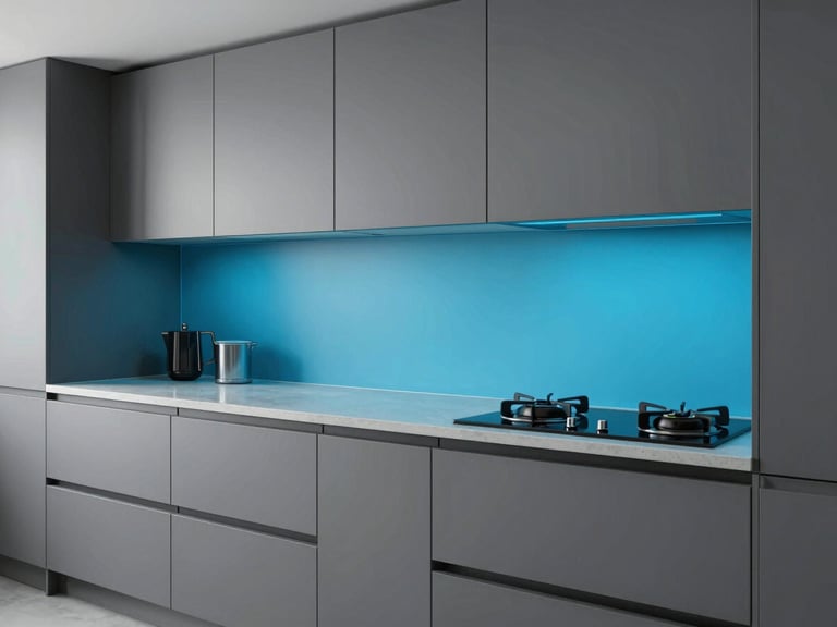 Comparación de una cocina moderna con su nube de puntos 3D superpuesta, resaltando la precisión de los contornos, en tonos fríos de gris y cian, iluminación técnica.