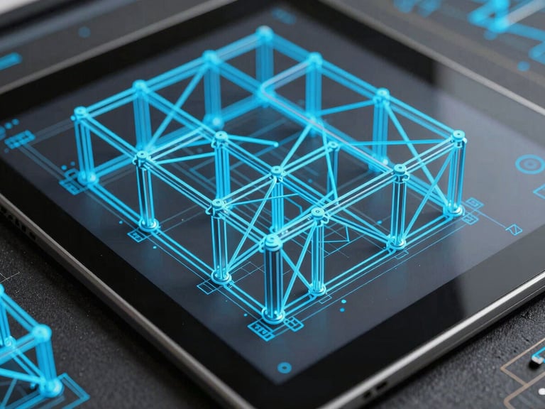 Primer plano de un plano CAD digital de una estructura metálica en una tableta, con detalles de neón cian sobre un fondo oscuro, reflejando la precisión milimétrica.