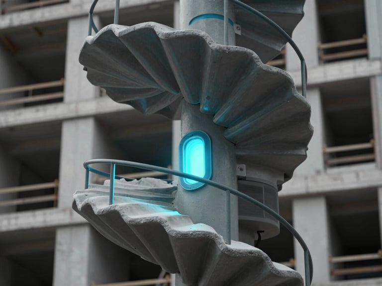 Escáner láser 3D capturando una escalera de caracol compleja en un edificio en construcción, con luz fría y sombras marcadas, en tonos de gris y cian.