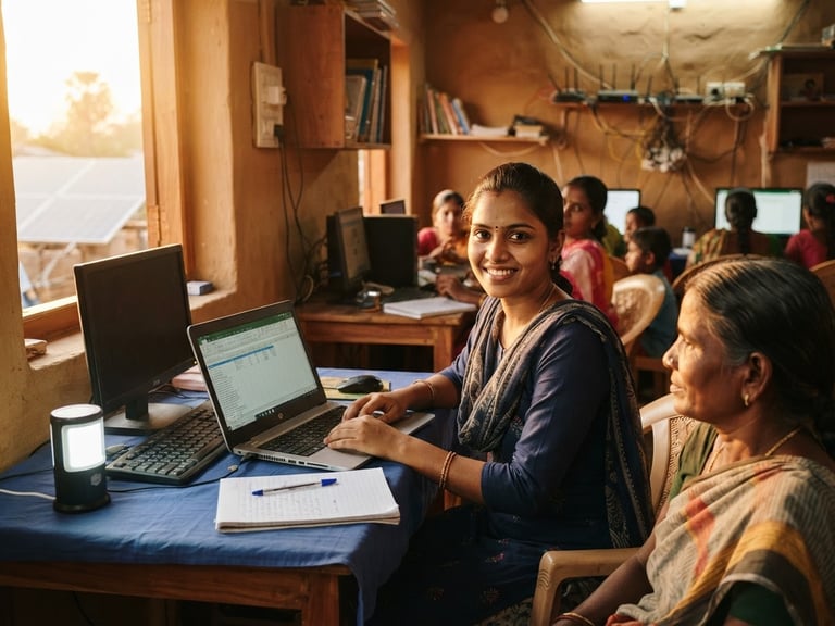 Dignified environmental portrait of a young Indian female entrepreneur in a rural digital center, warm golden-hour sunlight, DM Sans aesthetic.