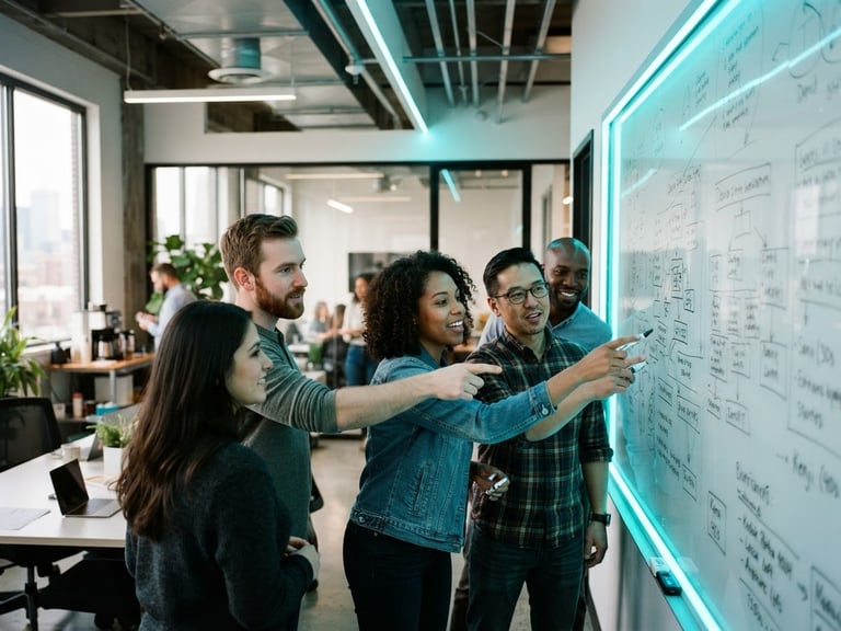 Active collaboration in a modern Indiana coworking space, diverse entrepreneurs pointing at a whiteboard with vibrant electric cyan lighting accents, 35mm photography