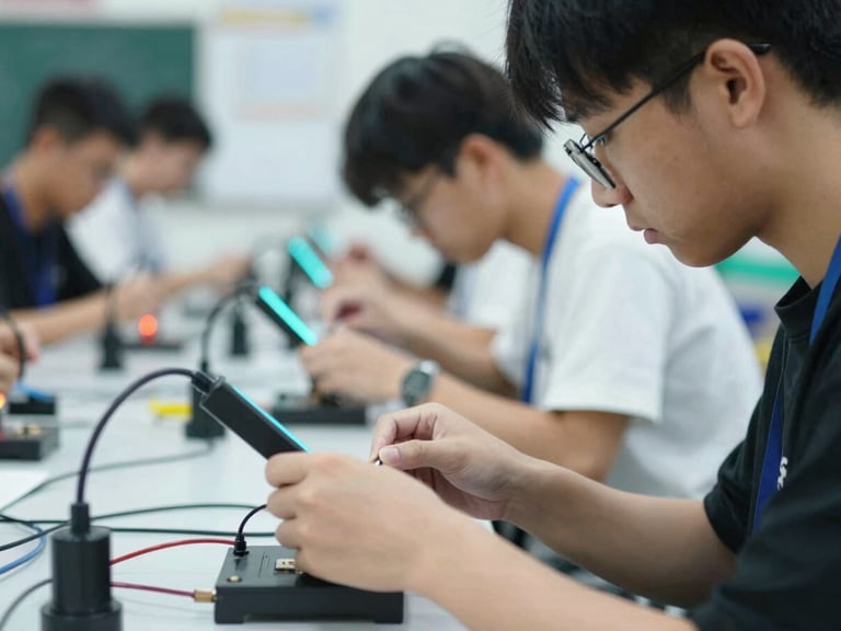 Candid close-up of a student learning practical technical skills in a modern workforce training workshop, hands-on collaboration, vibrant LED lighting