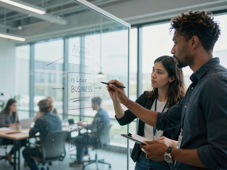 Two diverse local entrepreneurs sketching a business model on a glass whiteboard in an energetic co-working hub, natural window light, cool cyan tones