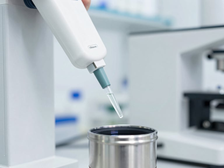 Bright sterile white laboratory environment, stainless steel equipment, precise liquid pipetting, sharp macro focus, 35mm lens