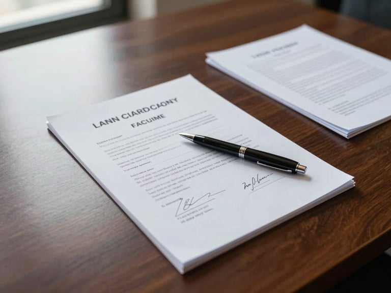 Close overhead detail of a polished boardroom table with open loan facility documents, a pen resting across a signature page, and a second document annotated in the margin, cool natural office light from a window to the upper left