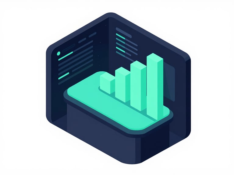 An isometric 3D render of a futuristic bar chart with neon mint green bars, dark-mode dashboard interface, clean vector style