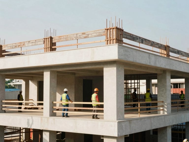 Professional Indonesian construction site, workers in safety gear, modern building frame, bright natural daylight, architectural details, soft shadows, 35mm