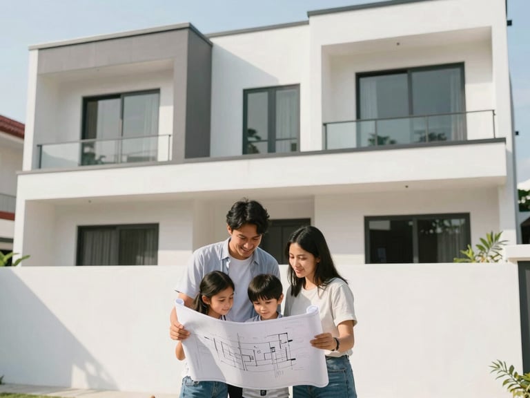 Modern Indonesian residential architecture, bright natural daylight, clean lines, a family looking at a blueprint, soft shadows, 35mm