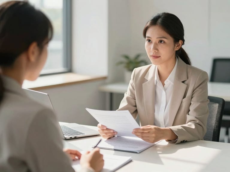 Clean financial consultation environment, a consultant explaining documents to a client, bright natural daylight, professional setting, soft shadows, 35mm