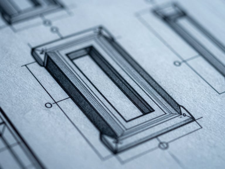 Macro photograph of high-end industrial design schematics, sharp architectural lines, cool-toned directional light, 35mm