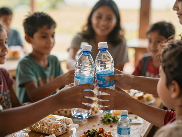 A close-up of caring hands distributing fresh food and water bottles to families in a community center, warm natural light, rich organic tones, shallow depth of field, authentic human connection.
