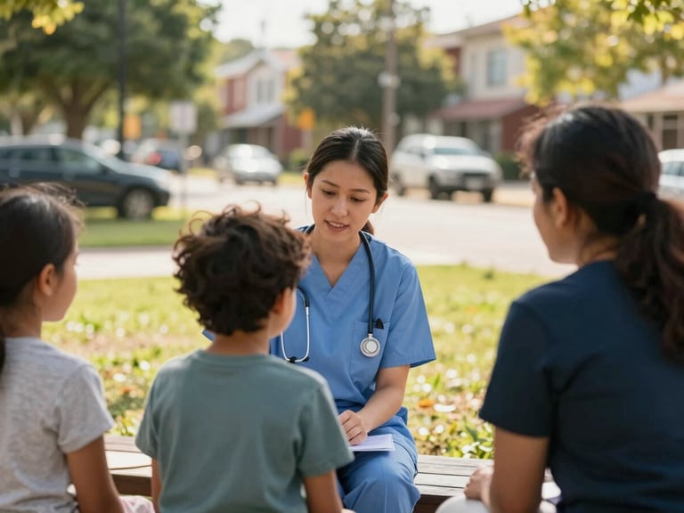 A medium shot of a community nurse warmly interacting with a child at a pop-up clinic in a vibrant neighborhood park, natural daylight, rich organic tones, shallow depth of field, authentic human connection.