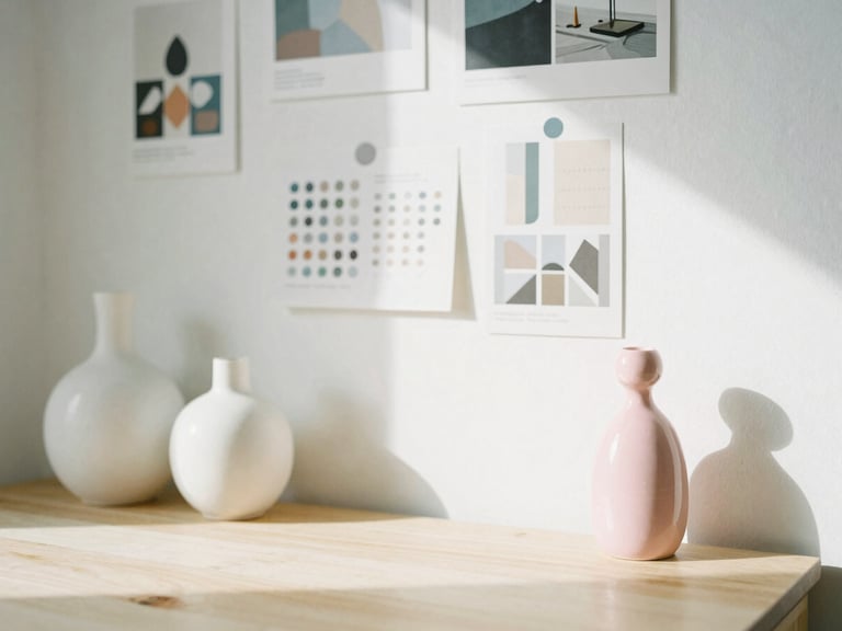 Bright sun-drenched workspace with ceramic vases, design mood boards on a white wall, and a pink ceramic figurine on a wooden desk, soft shadows, 35mm