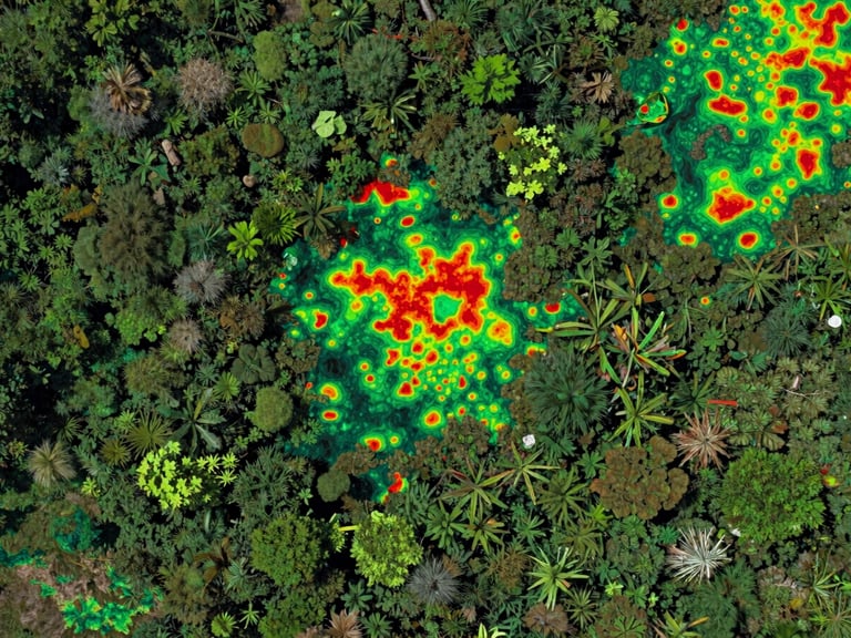Vibrant color-coded NDVI vegetation health heatmap of a tropical rainforest canopy, high-contrast emerald green and deep red spectral bands, top-down orthographic perspective