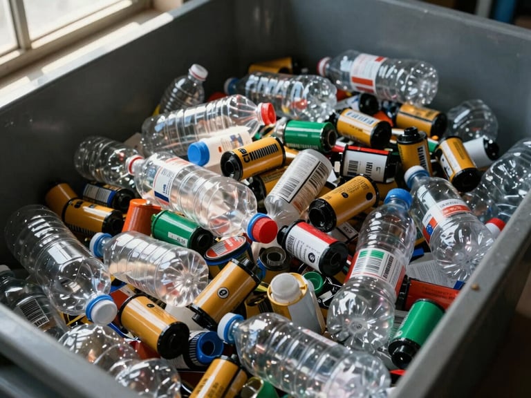 Close-up overhead shot on a sorting floor, loose plastic bottles and film packaging piled deep in a grey industrial bin, natural light from a high warehouse window cutting across the pile from the left, no hands visible, the texture and volume of the waste filling the entire frame
