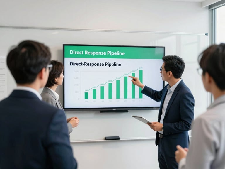A bright, clean professional office whiteboard session in Sugar Land, Texas, consultants analyzing direct-response pipeline metrics on a screen, natural daylight, 35mm photography
