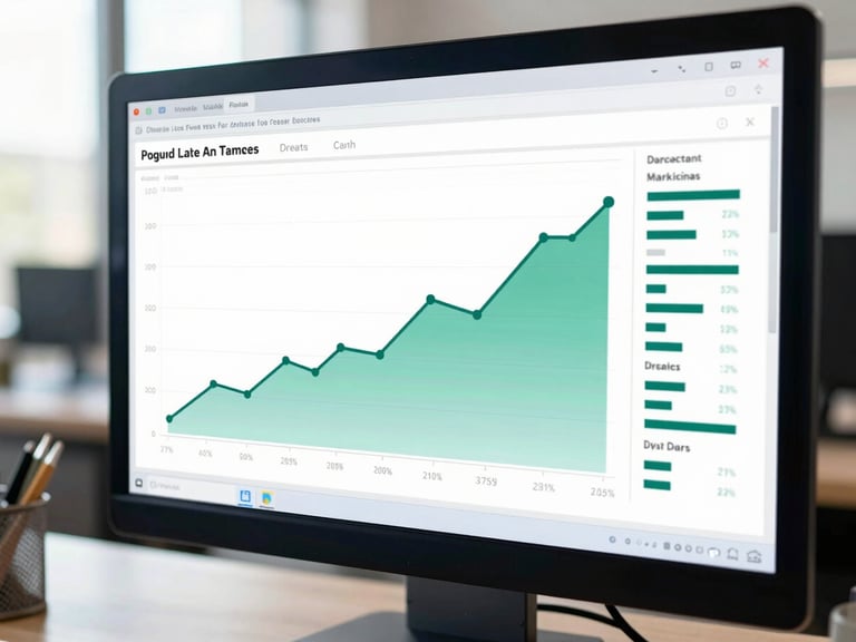 Close-up of an analytical dashboard on a monitor showing rising growth curves and marketing attribution metrics in bright natural daylight.