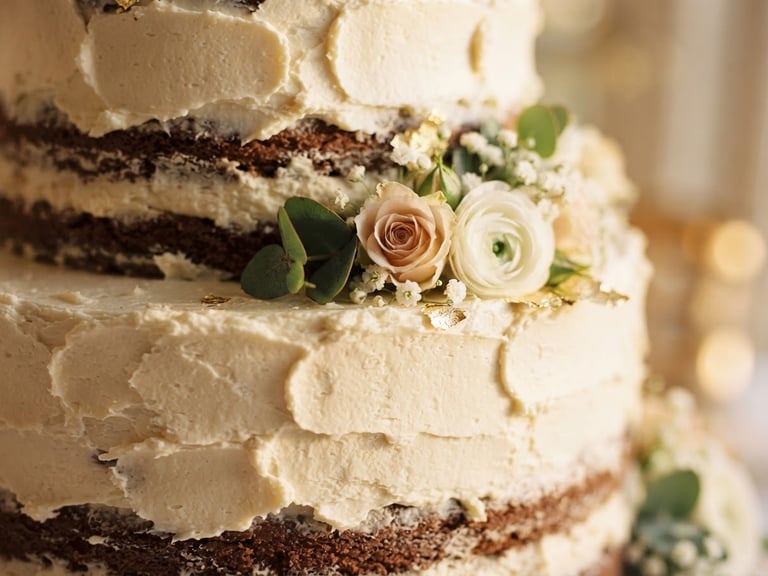 Macro close-up of a layered wedding cake, textured vanilla buttercream frosting with soft golden-hour window light, rich cream tones, shallow depth of field, 35mm
