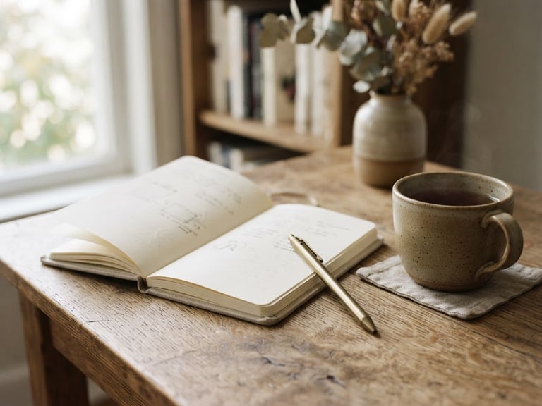 A quiet, styled desk setup with a linen-bound journal, a brass pen, and a ceramic cup, soft natural side-light, muted earth tones and brass accents, shallow depth of field, 35mm